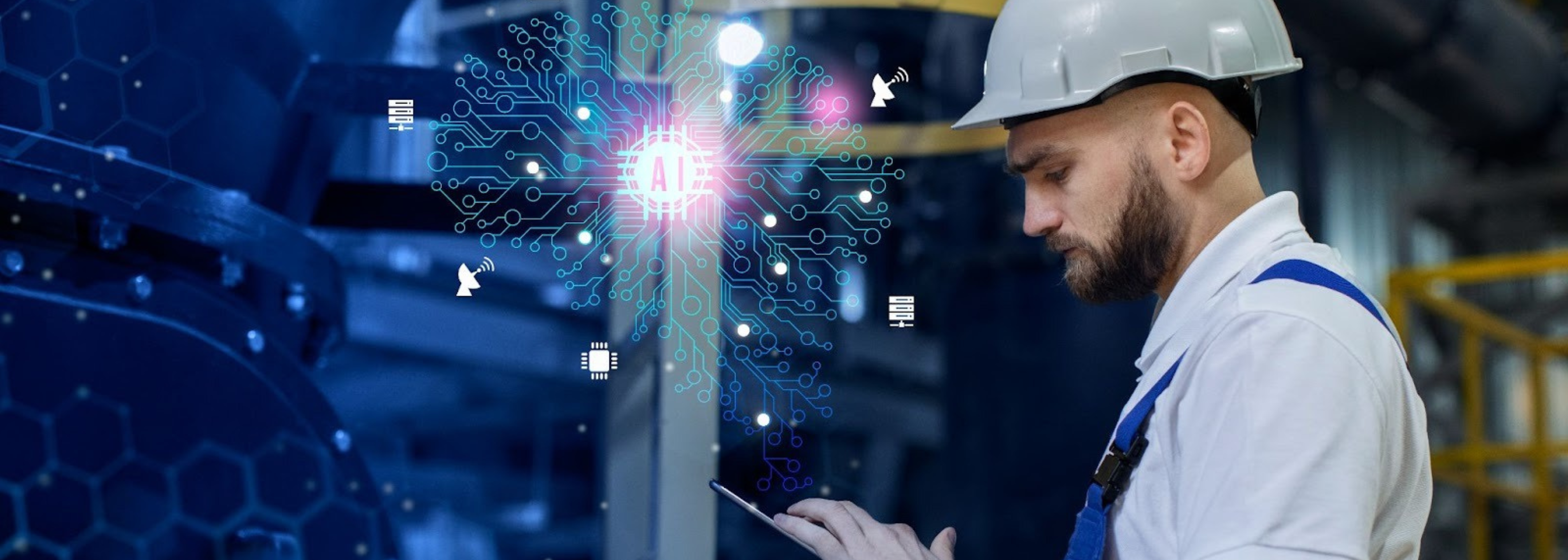 Un ingeniero o trabajador de la construcción con casco de seguridad y overol revisa una tableta en un entorno industrial. Sobre él, se superpone una representación digital de una red neuronal o placa de circuito con el símbolo de Inteligencia Artificial (IA) en el centro, simbolizando la aplicación de la IA para mejorar la eficiencia operativa en proyectos EPC y construcción.